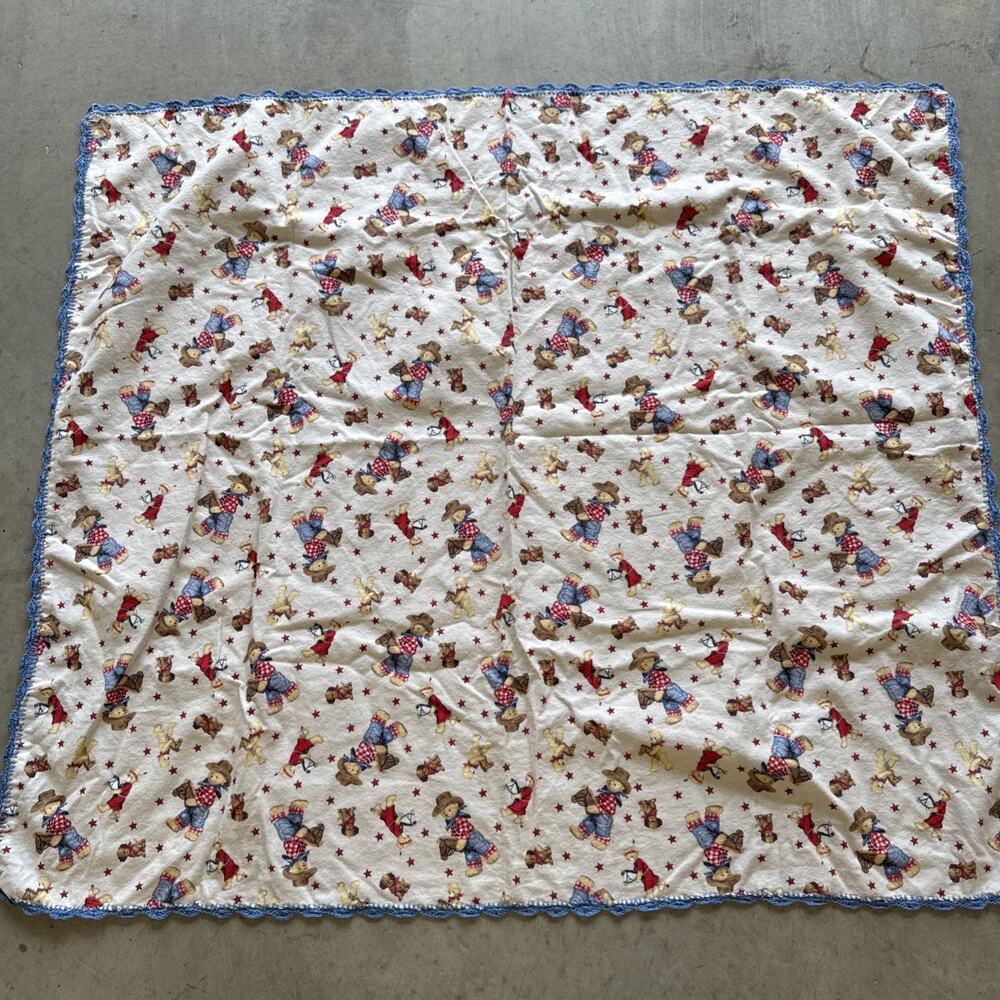 Vintage Handmade Cowboy Bear Baby Blanket Light Crib Quilt 36” X 41” Scalloped